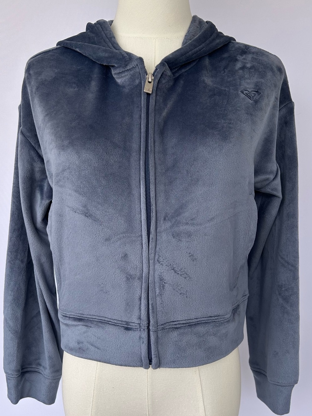Roxy Women’s Velour Cropped Hoodie Full Zip Long Sleeve Gray/Blue Large (12-14)
